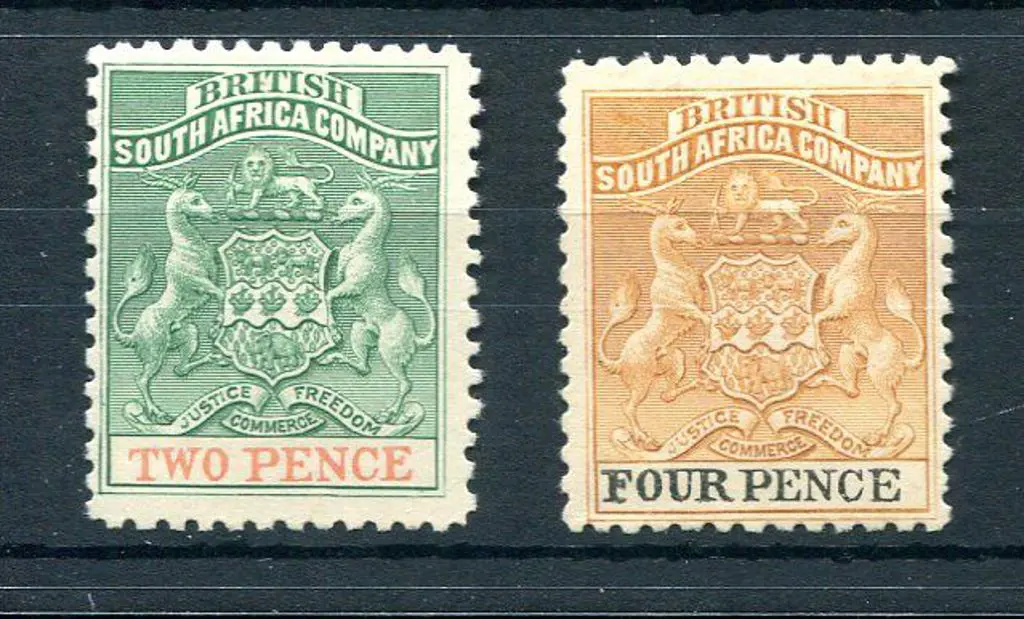 Rhodesia 1895 2d & 4d Arms on thick paper, perf ... Image 1++