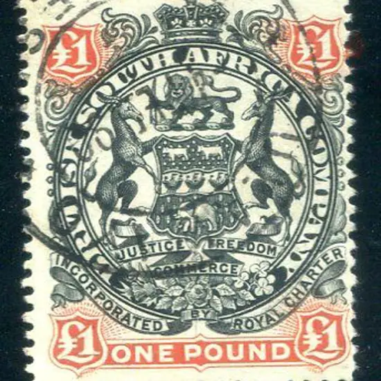Rhodesia 1897 £1 black & red brown on green. Fine ...