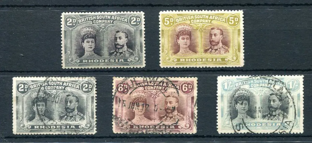 Rhodesia 1910/13 2d, 5d, 2d (perf 15), 6d & 1/- ... Image 1++