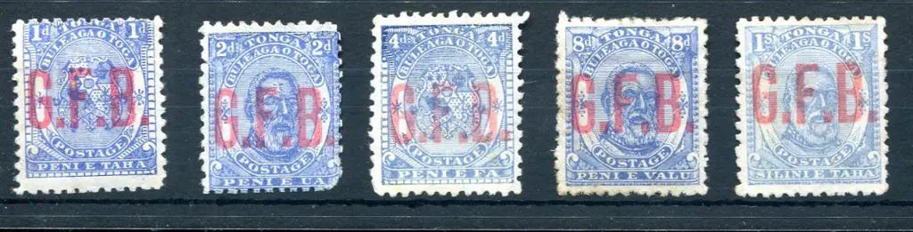 Tonga 1893 1d to 1/- "G.F.B." ovptd Officials. 1d ... Image 1++