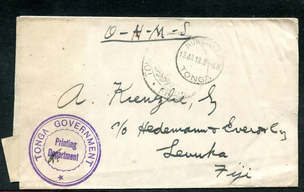 Tonga 1913 (13th Jan) stampless wrapper endorsed ... Image 1++