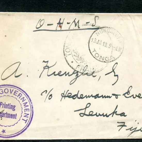 Tonga 1913 (13th Jan) stampless wrapper endorsed ...