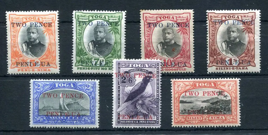 Tonga 1923/24 "TWO PENCE" surcharges set of 7. MLH ... Image 1++