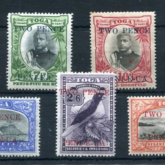 Tonga 1923/24 "TWO PENCE" surcharges set of 7. MLH ...