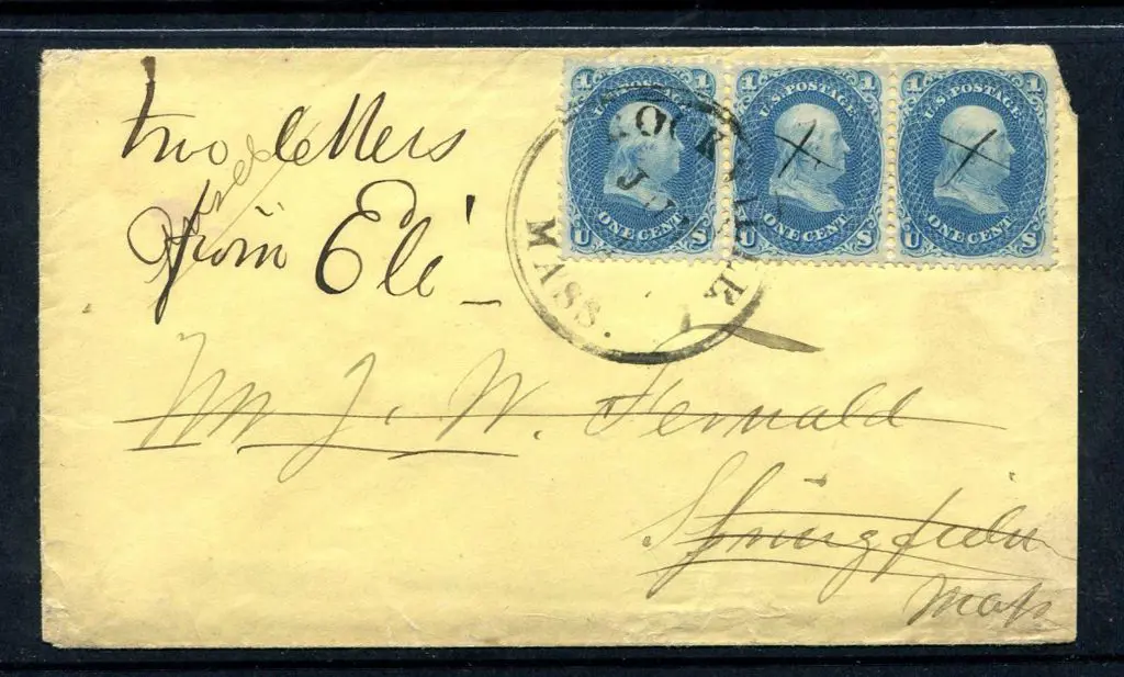 USA 1861/62 1¢ blue strip of 3 on cover tied by ... Image 1++