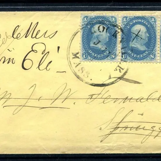 USA 1861/62 1¢ blue strip of 3 on cover tied by ...