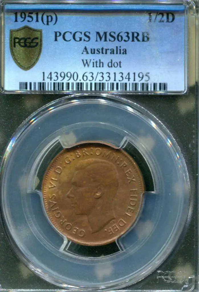 1951 (P) Halfpenny with dot. PCGS slabbed MS63RB. Image 1++