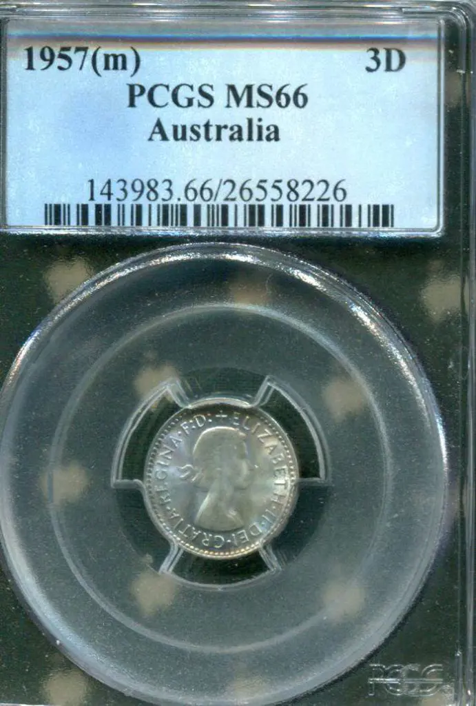 1957 (M) Threepence. PCGS slabbed MS66. Image 1++
