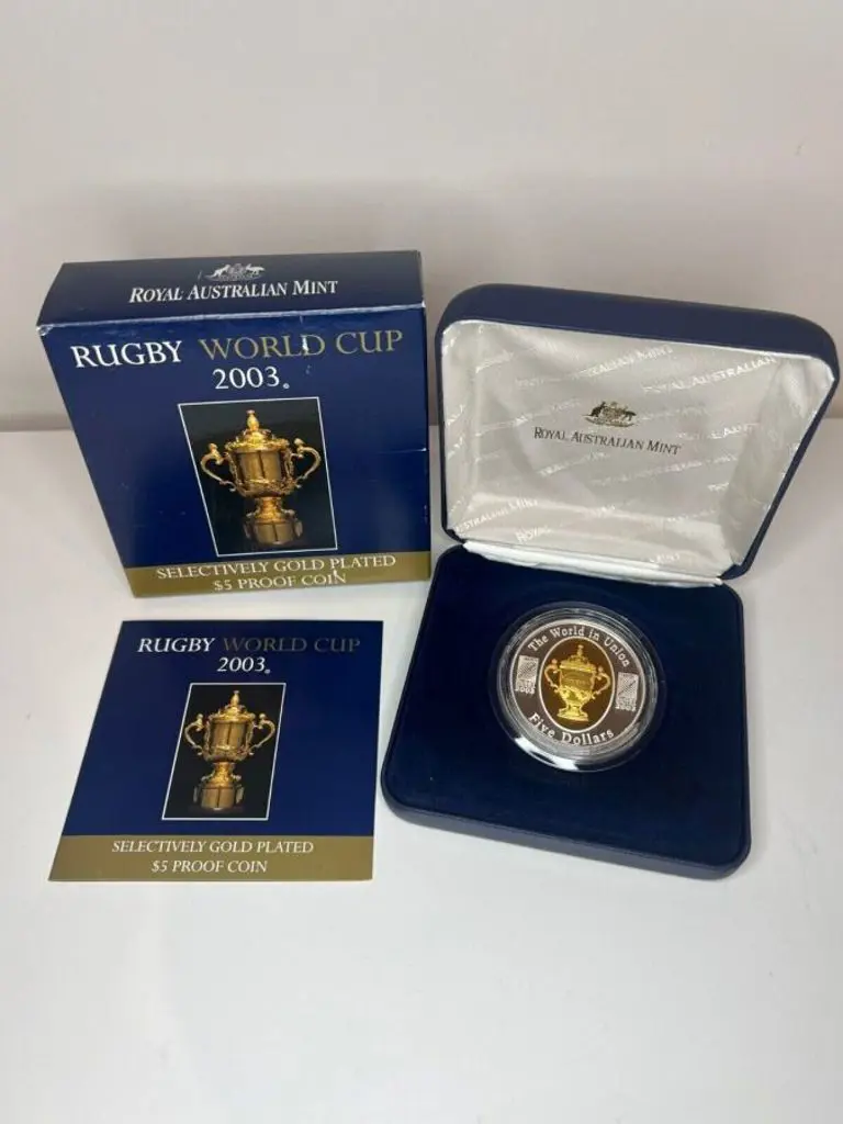 2003 $5 Rugby World Cup Selectively Gold Plated ... Image 1++
