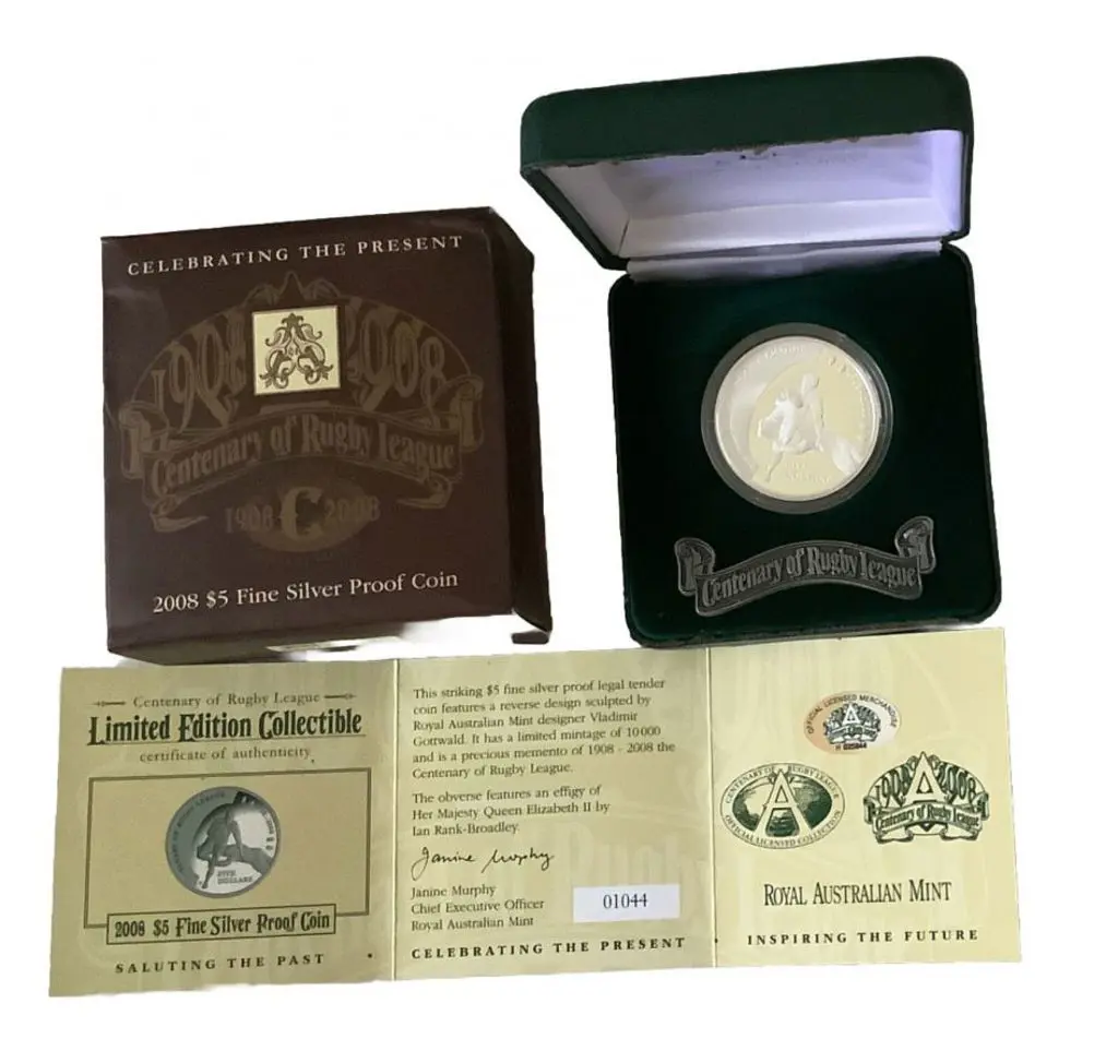2008 $5 Rugby League Cent Silver Proof in RAM ... Image 1++