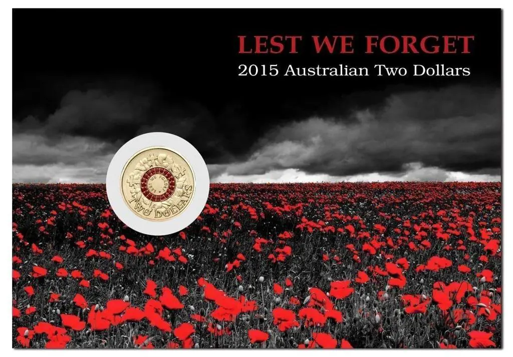 2015 $2 "Lest We Forget" coloured coins in Downies ... Image 1++