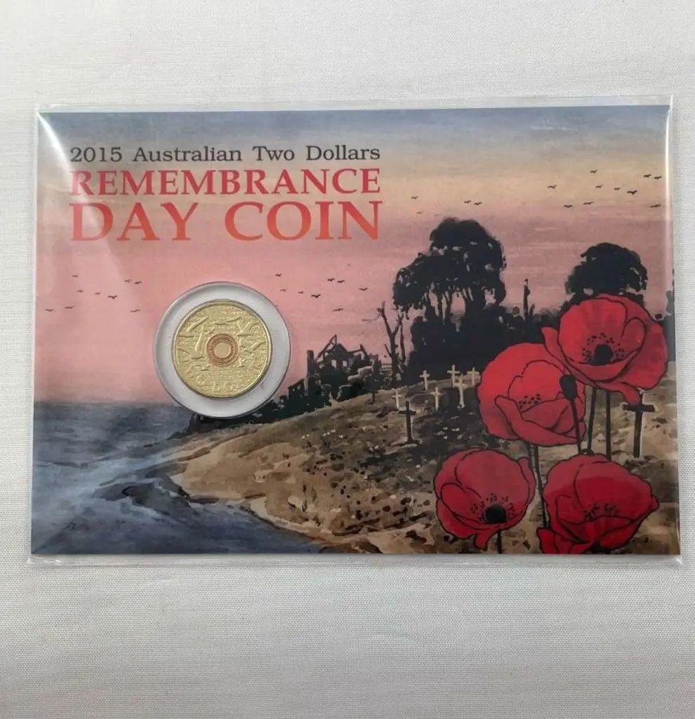2015 $2 Remembrance Day coloured coins in Downies ... Image 1++