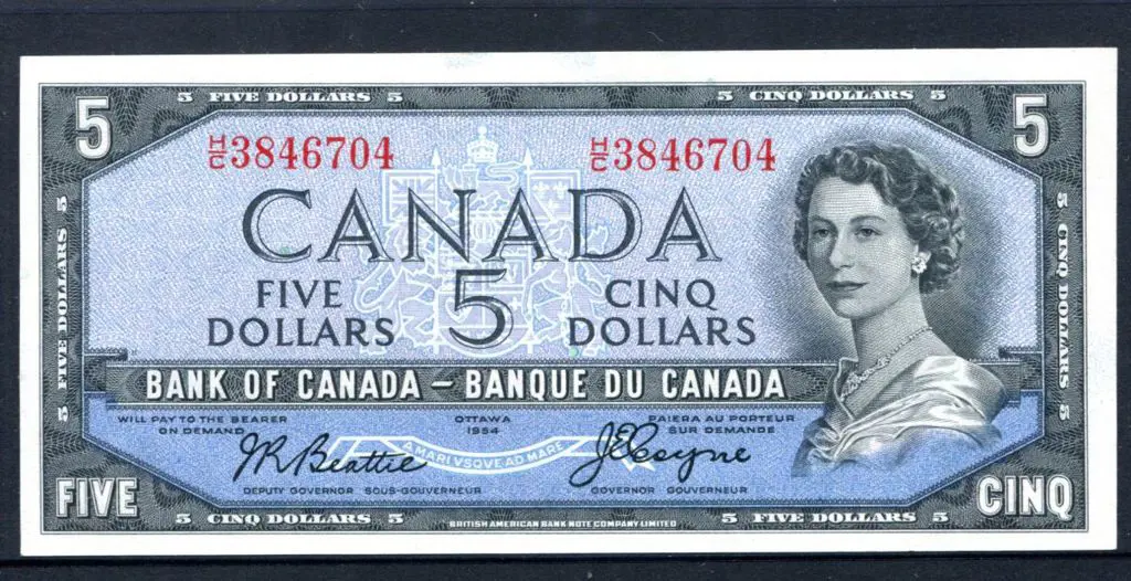 Canada 1954 $5 QEII Bank of Canada "Devil's Face" ... Image 1++