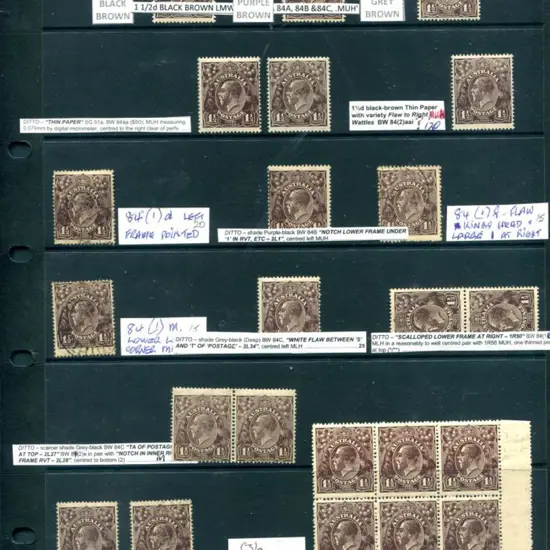 KGV 1½d black-brown LMW with 3 MUH shades (ACSC ...