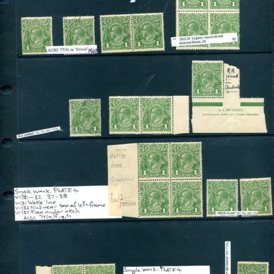 KGV 1d green single wmk on 2 Hagner sheets noting ...