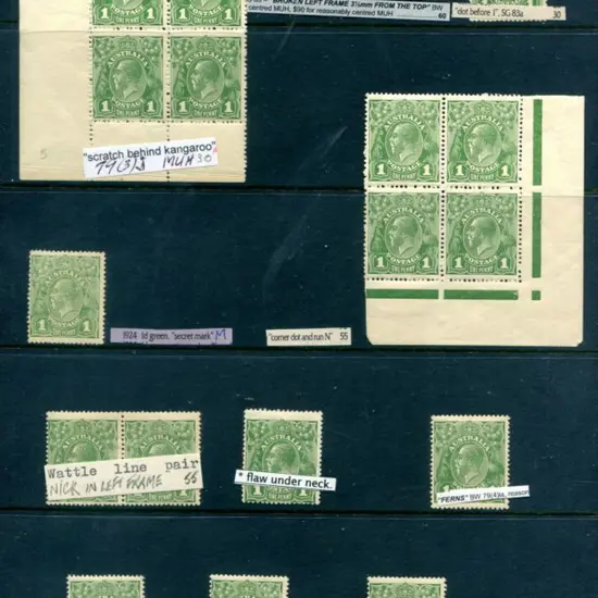 KGV 1d green, no wmk MUH/MLH examples incl 9 ...