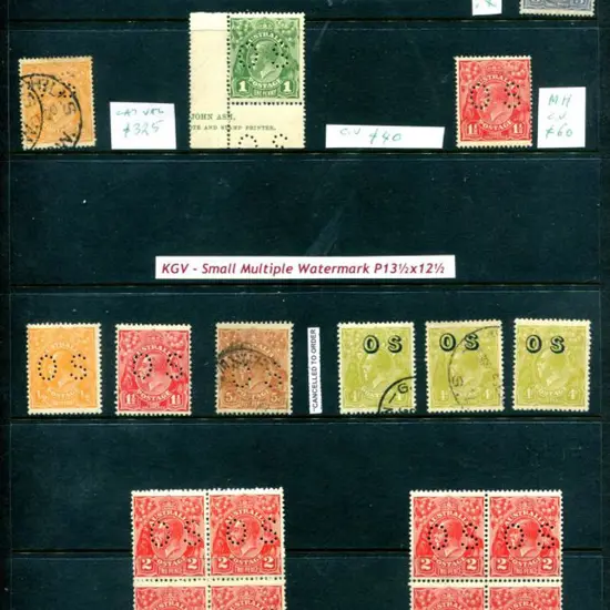 KGV Single wmk range noting perfined "OS" 1d red ...