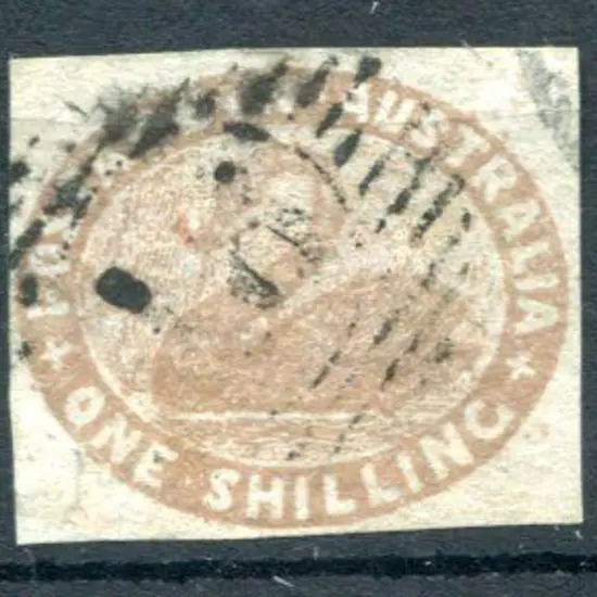1854 1/- pale brown with 4 clear margins. Used by ...