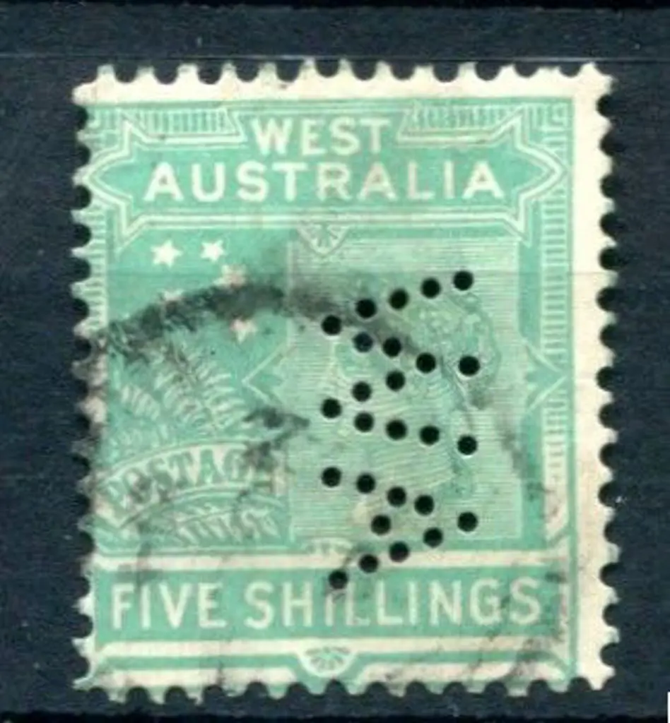 1902 5/- emerald-green with "WA" perfin vertically ... Image 1++
