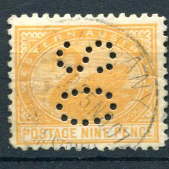 1905 9d orange-yellow perfined "OS". Horiz crease, ...