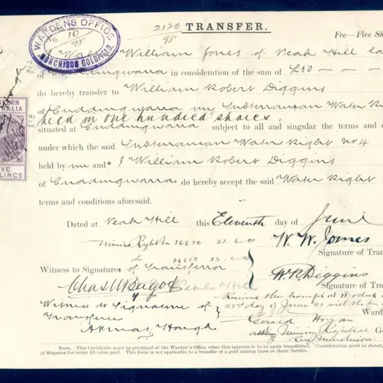 1898 (11th June) 5/- IR tied by m/s to "Transfer" ...