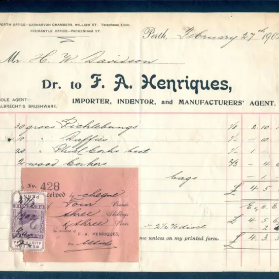1902 (27th Feb) 1d IR on "Dr. to F.A. Henriques" ...