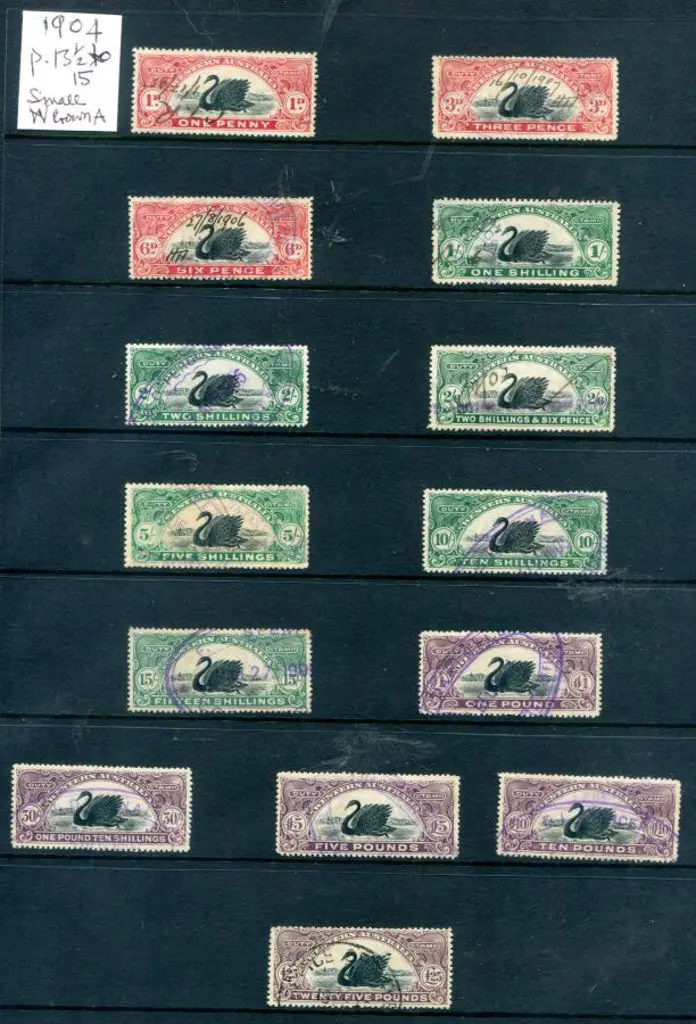1904 1d to £25 bicolour swan Duty Stamp set of 14 ... Image 1++
