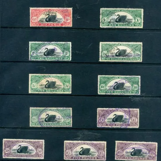 1904 1d to £25 bicolour swan Duty Stamp set of 14 ...
