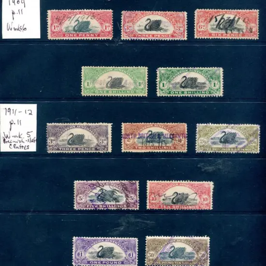 1909 1d to 1/- bicolour swan Duty Stamp, large W ...