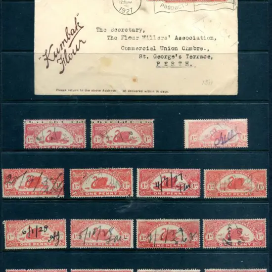 1926 1d red "long" swans used with 2 examples ...
