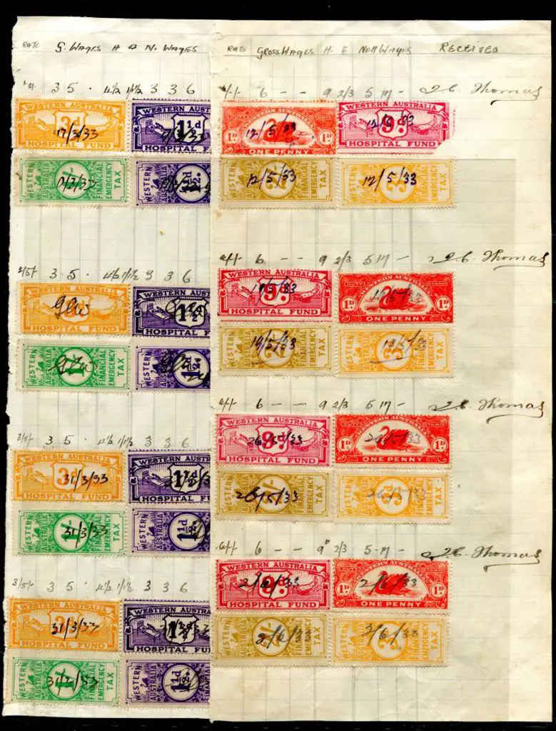 1933 Wages book with 12 Hospital Fund for 1½d x 4, ... Image 1++