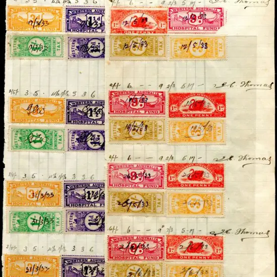 1933 Wages book with 12 Hospital Fund for 1½d x 4, ...