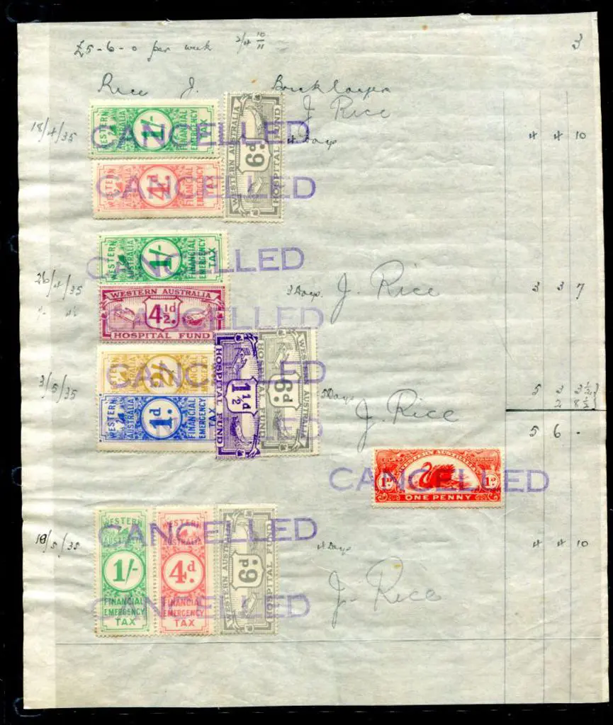 1935 Wages book page with 13 Revenues affixed ... Image 1++