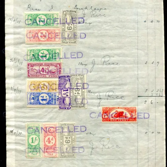 1935 Wages book page with 13 Revenues affixed ...