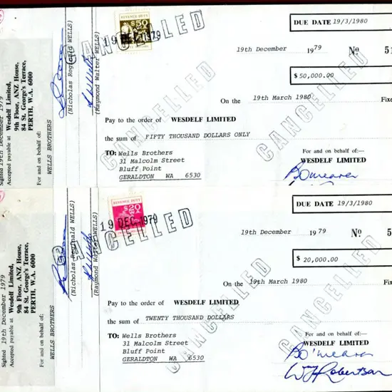 1980 (19th Dec) Cancelled cheques x 2. One for ...