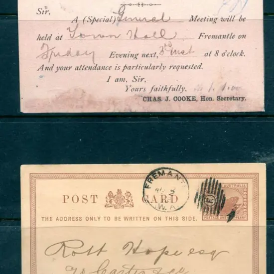 1888 (2nd Apr) ½d Post Card tied by Fremantle "F" ...