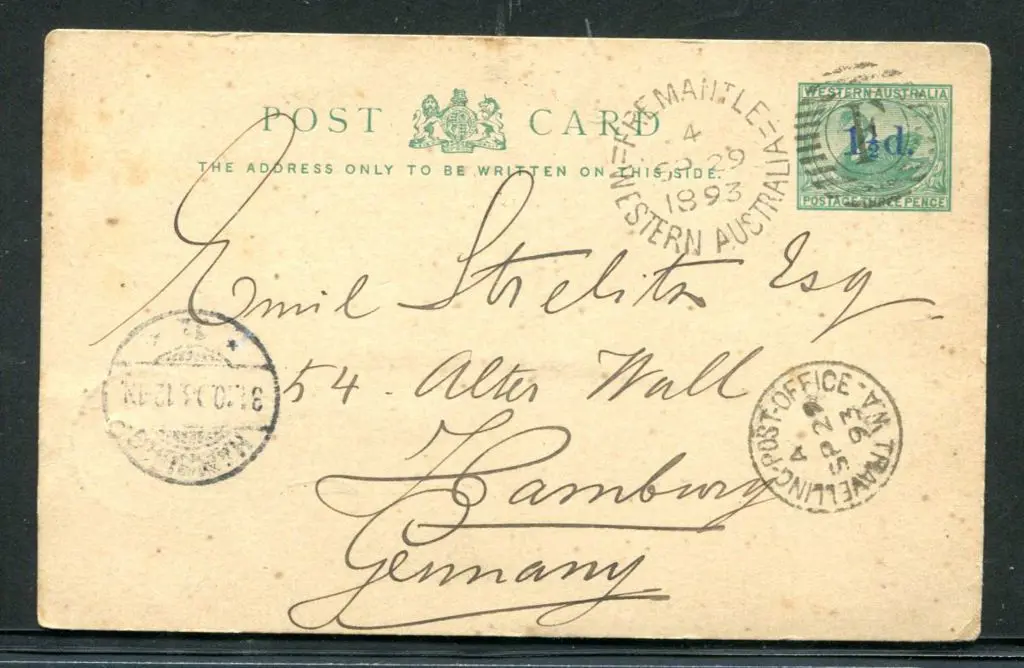 1893 "1½d." on 3d green swan Post Card addressed ... Image 1++