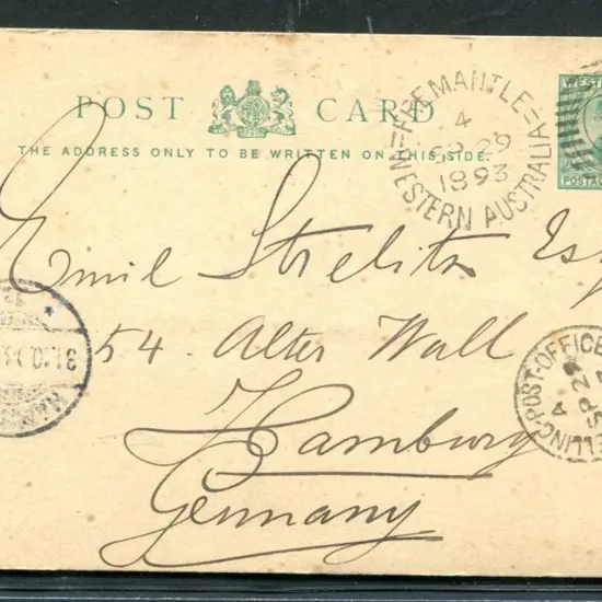 1893 "1½d." on 3d green swan Post Card addressed ...