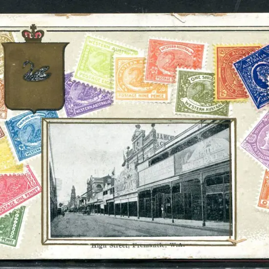 "High Street, Fremantle, W.A." with gold border ...