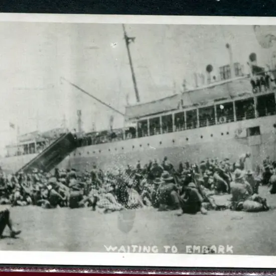 "Waiting to Embark" b&w card with divided back & ...