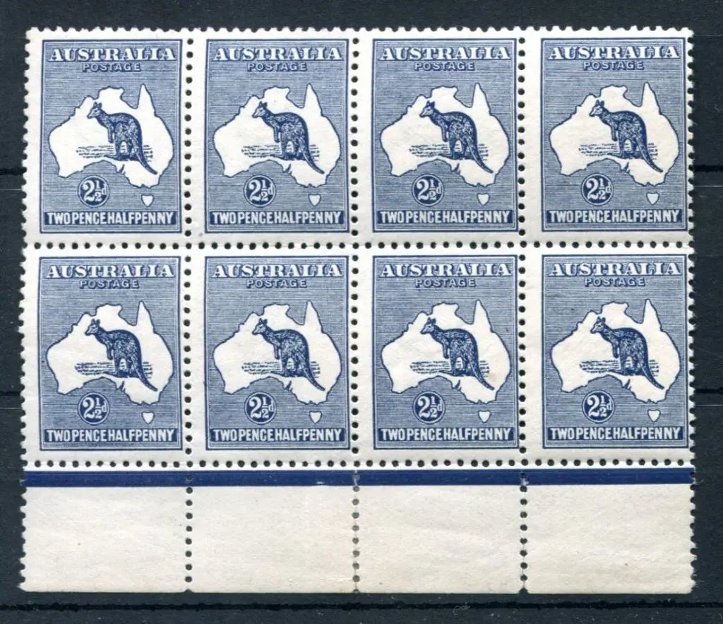 2½d indigo in a bottom selvedge block of 8. ... Image 1++