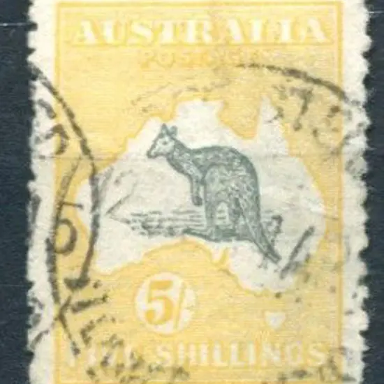 5/- deep grey & yellow with "Broken tail on ...