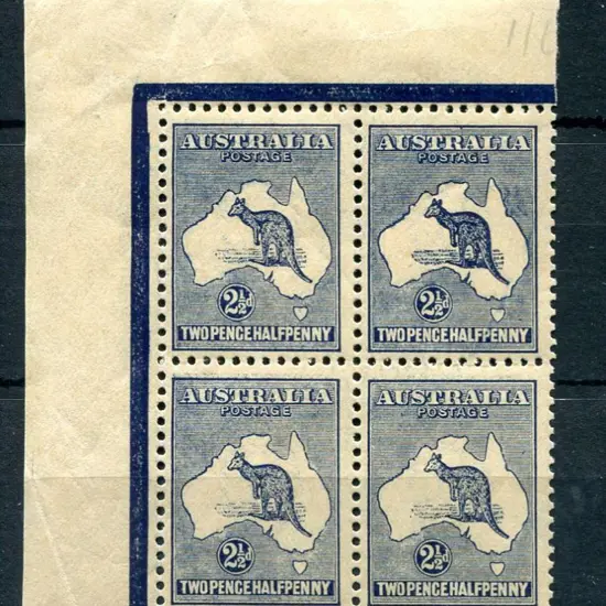 2½d indigo in top left marginal block of 4 with ...