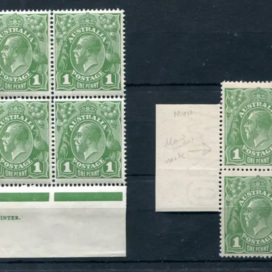 1914-20 Single watermark 1d green with "neck flaw" ...