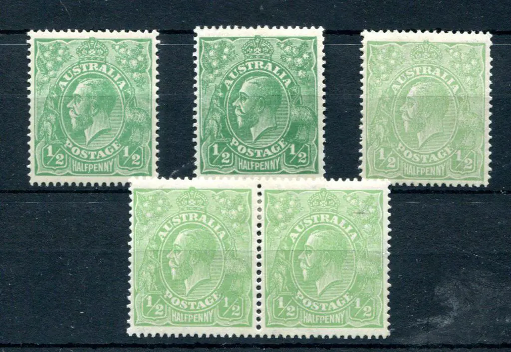 1918-20 Large Multiple Perf.14 ½d green shades x 3 ... Image 1++