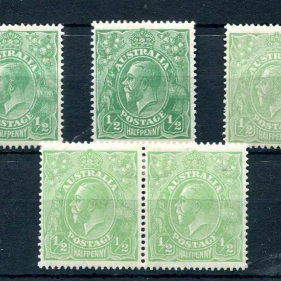 1918-20 Large Multiple Perf.14 ½d green shades x 3 ...