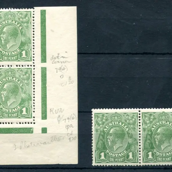 1924 No Wmk 1d green, plate 4 in bottom right ...