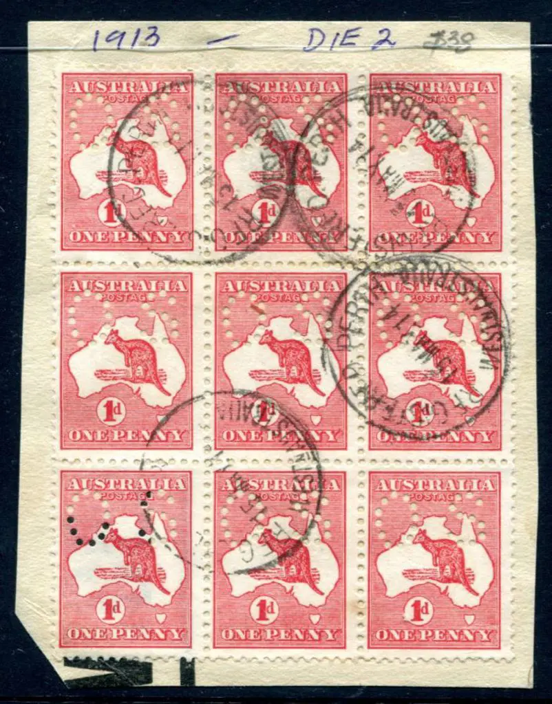 1913 1d red Die I block of 9 with "white flaw over ... Image 1++