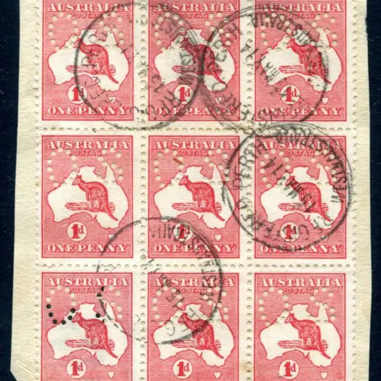 1913 1d red Die I block of 9 with "white flaw over ...