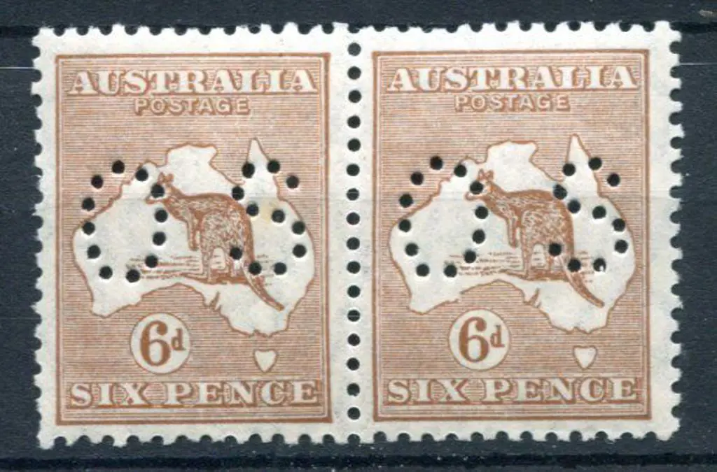 1929/30 6d pale chestnut, SMW pair perfined "OS". ... Image 1++